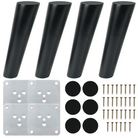 COEWUR Pack of 4 Furniture Feet, Wood, Black, 15 cm Furniture Legs, Slanted Oak Solid Wood Table Legs with Mounting Plates, Screws and Felt Gliders for Sofa, Bed, Cabinet, Couch, Chair