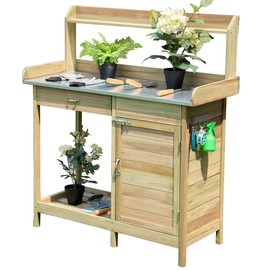 Giantex Potting Bench Table for Outside Natural Wood Garden Plant Lawn Patio Table Storage Shelf Moisture Free Metal Tabletop Outdoor Workstation Flower Pot Bench (Natural Fir w/Cabinet)