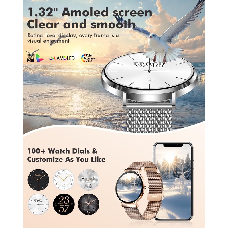Ultra-thin Stainless Steel Smartwatch for Women Men 1.32'' Bluetooth