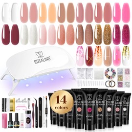 ROSALIND Poly Nail Gel Colors Kit -14 Colors +72 Nail Art Accessories Glitter Poly Nails Gel Kit Starter Kit with Mini UV Lamp Slip Solution Nude Pink Poly Art for Beginners with Everything