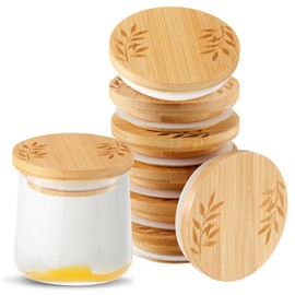 12 Pcs Yogurt Jar Lids Set Compatible with Oui Yogurt Jars Bamboo Wooden Lids Round Reusable Canning Covers with Silicone Sealing Rings for Kitchen Food Storage (Jar Not Included)