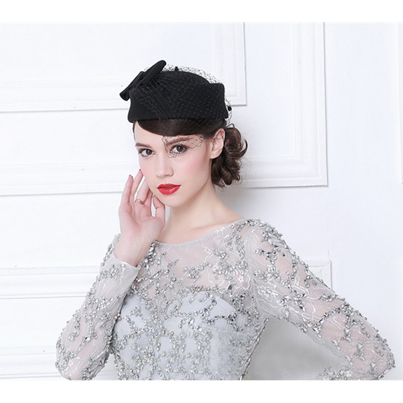 Pillbox Hat, Wedding Hat Caps with Veil Vintage Bow Fascinator