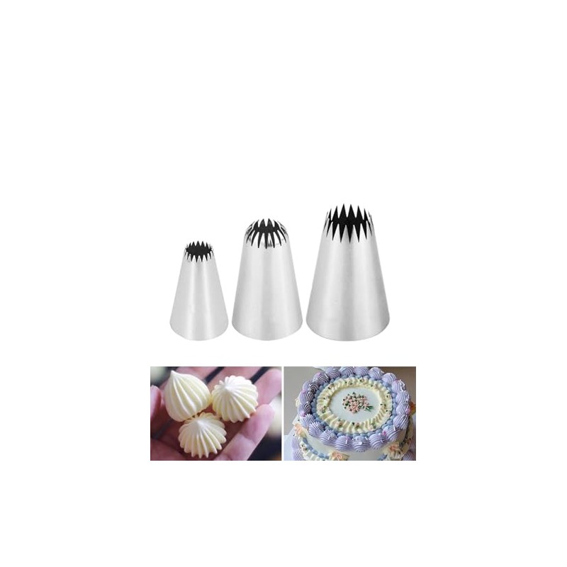 French Star Piping Nozzles for Eclairs,Churros,Shells,Flowers,& Scalloped Designs,3 Sizes