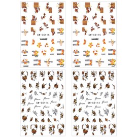 4 Sheets 3D Fall Nail Stickers for Women Autumn Leaf Flower Nail Art Stickers Fallen Leaves Nail Decals Geometric Line Leaf Designs Nails Sticker Nails Supplies Nail Accessories