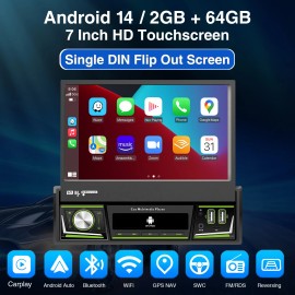 ESSGOO 7" Flip Out Stereo Car Radio Single 1 Din Touch Screen Android14 CarPlay GPS 64G