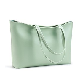 FATASH Large PU Leather Tote Bag for Women, Classic Shoulder Bag with Top Zipper and Small Interior Pocket, Handbag for Everyday Travel, Shopping, Work & College Use - Light Green