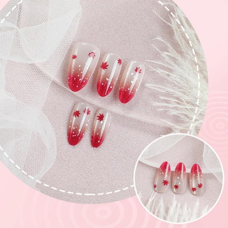 Fall Press on Nails Medium Almond Fake Nails with Maple