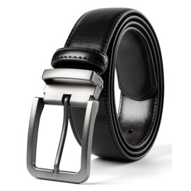 maikun Mens Leather Belt, Mens Black Dress Belt for Work Business and Casual, Easy Size Adjustment Silver Buckle Size M