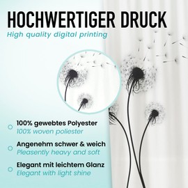 arteneur®, Dandelion Black and White, Anti-Mould Shower Curtain 180 x 200 cm, Oeko-Tex Standard 100, Weighted Hem, Opaque, Waterproof, Washable, 12 Rings