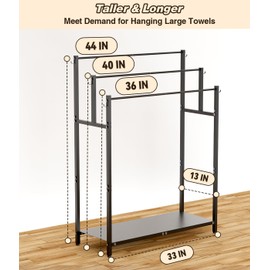 Mondazie 44” Tall Free Standing Towel Racks with 6 Hooks for Bathroom, 3 Tiers Oversized Pool Bath Towels Drying Stand, Metal Blanket Ladder Holder with Storage Shelf for Bedroom Living Room, Black