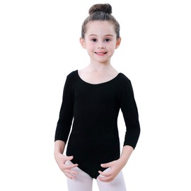 Soudittur Girls Leotard Black Ballet Dance Team Basic 3/4 Long Sleeve Mesh Back Cotton Bodysuit Dancewear for Teens (Black, Tag 150(Age 12-14 Height 57-59”))