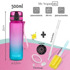 My Vesperbox Minny Children's Leak-Proof Drinking Bottle, 500 ml, with Straw or Strainer, Lightweight Tritan Water Bottle, BPA-Free, for Nursery, School (Purple - Blue 500 ml)