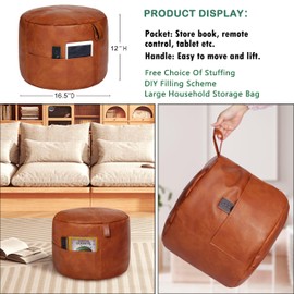 Thgonwid Unstuffed Faux Leather Pouf Cover Handle, Footstool Ottoman Storage Solution, Floor Footrest Cushion, 16.5”Dx12”H, No Filler, (Pocket-Handle) Amaretto