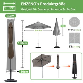 Enzeno Parasol Protective Cover, Parasol Cover for Diameter 2 m/3 m, Waterproof, Umbrella Cover, Cantilever Parasol Cover, Garden Umbrella, Umbrella Cover, Cover for Market Umbrella/Balcony Umbrella