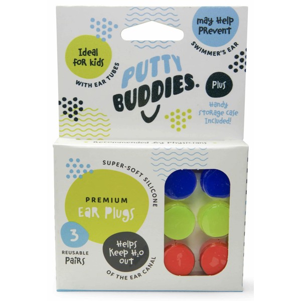 PUTTY BUDDIES Original Swimming Earplugs, 3-Pair Pack (Red/Blue/Yellow)