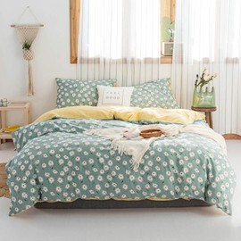 AMWAN Daisy Green Floral Duvet Cover Twin Cotton Girl Bedding Sets White Daisy Flower Print Comforter with 2 Pillowcases Garden Style Aesthetic Bedroom Collection Size, (AMYTCJ07-1T)
