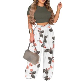 Mandonce 2 Piece Outfits for Women Crew Neck Short Sleeve Crop Tops Printed Wide Leg Long Pants Summer Matching Sets