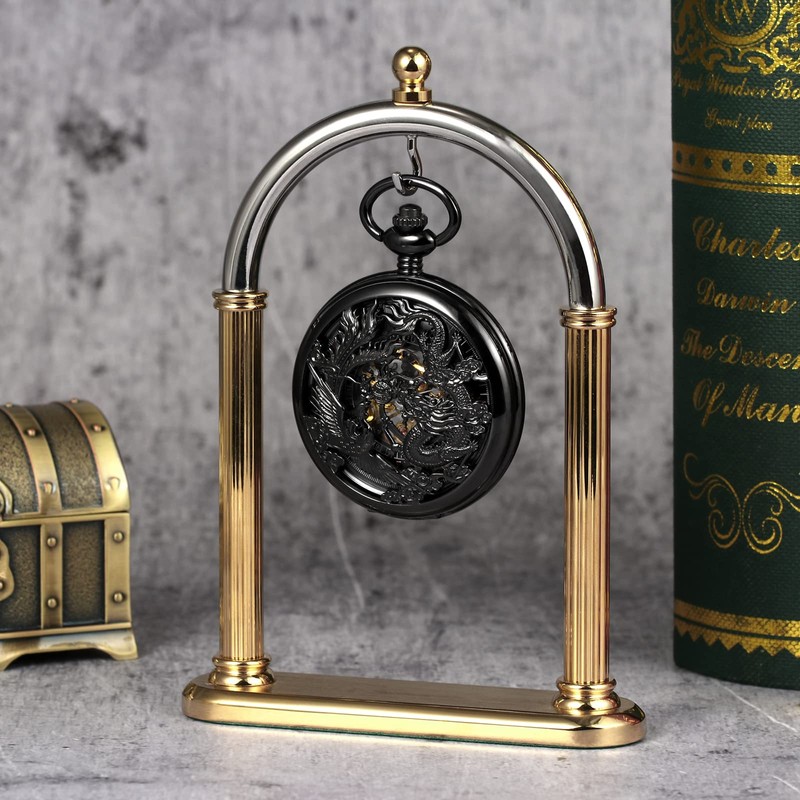 TREEWETO Mechanical Skeleton Pocket Watch Lucky Phoenix & Dragon Hollow