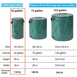 Pilntons 4 Pack 32 Gallons Reusable Yard Waste Bags with Zipper Lid Lawn Leaf Bags Heavy Duty with 4 Handles Garden Waste Bags Container for Clean Up Outdoor Debris Leaves Grass Clippings