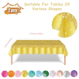2P Gold Party Plastic Table Cloth,137x274cm Shiny Glitter Gold Tablecloths Rectangular Diamond Gold Party Dining Table Cover Yellow Tablecloths for Baby Shower,Wedding,Thanksgiving Tablecloth Décor