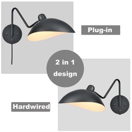 SHAWNKEY Plug in Wall Light Black Plug in Wall Sconces Set of 2 Swing Arm Wall Lamp Bedsides Hardwired On/Off Switch for Bedroom Living Room