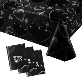 SMLAMANCA Black Heart Early 2000s Tablecloths, Plastic 90s Table Cloths Birthday Valentine's Day Tablecovers for 2000s Old School Cholo Party Decorations (3)