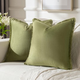 FUTEI Sage Green Boho Throw Pillow Covers with Tassels 16x16 Inch Set of 2,Soft Velvet Decorative Cushion Case,Home Decor for Couch Bed Living Room