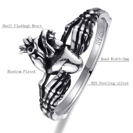 AVECON Skull Claddagh Heart Rings 925 Sterling Silver Statement Rings Stackable Ring for Women Native Heart Model Rings Size 9