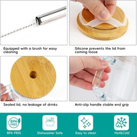 Eurppy Ribbed Glass Cups with Bamboo Lids and Straws, Iced Coffee Tumbler with Handle, Mason Jar with Lid 24oz - Wide Mouth Drinking Glasses, Boba Cup Smoothie Tumbler Iced Coffee Cups, 2pack (Retro)