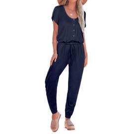 REORIA Women's Summer Casual Jumpsuit Plain Scoop Neck Button Down Bud Sleeve Rompers With Pockets Navy Blue L