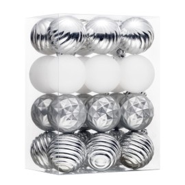 Valery Madelyn Christmas Tree Ornaments Set, 24ct White and Silver Shatterproof Christmas Tree Decorations Bulk, 2.36 Inches Hanging Ball Ornaments for Xmas Trees Holiday Decor