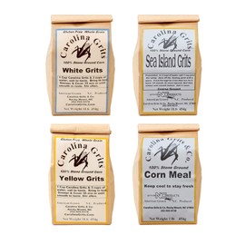 Carolina Grits Company Traditionally Stone Ground Gluten Free Sample Pack, Yellow Grits, White Grits, Sea Island Grits, and Cornmeal, 4-Pack, 4 Pounds Total