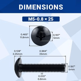 M5-0.8 x 25mm Truss Head Machine Screws 50 Pcs, Stainless Steel 304 (18-8), Black Oxide Coated, Phillips Drive, Fayeploo (with Phillips Bit)