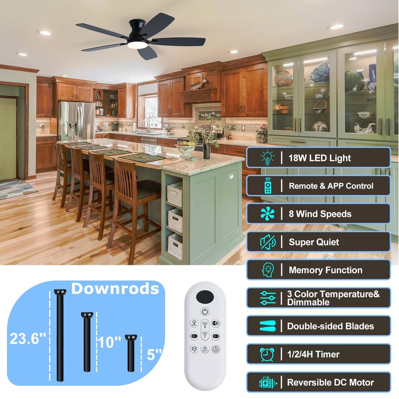 52in Black Ceiling Fan with Light, Flush Mount, Remote APP