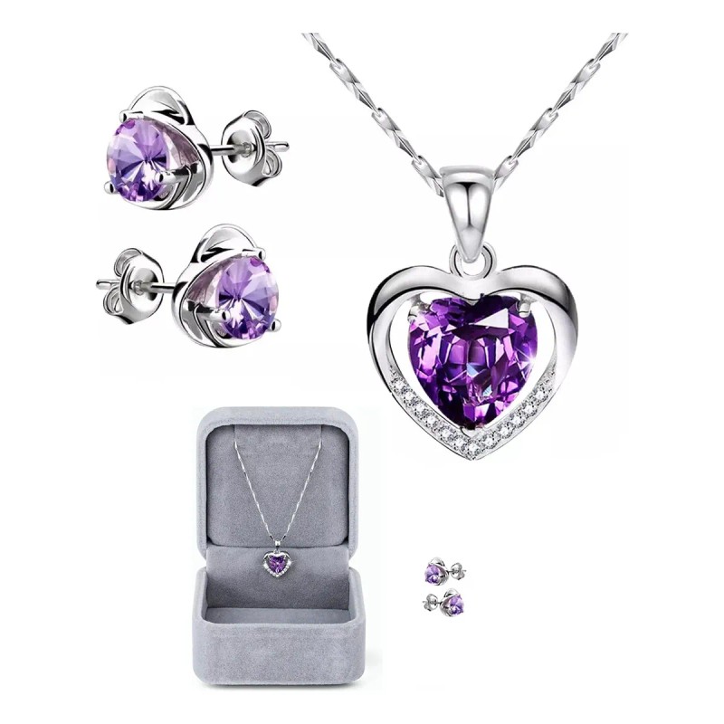Collar Y Aretes Dije Corazón Cristal Mujer,regalo Para Mujer