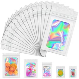 JETMORE Mylar Bags, 100 PCS Holographic Bags, White Smell Proof Bags with Front Window, Small Business Packaging Supplies, Resealable Bags for Food Storage, Bracelets, Jewelry, Sample （4x6in）