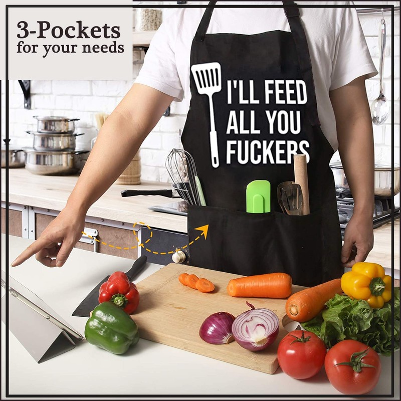 Funny Apron, Adjustable Kitchen Apron with 3 Pockets, Cooking Chef Apron for Women Men, Gardening Baking Aprons, Black