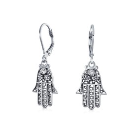 Hamsa Hand Floral Lever Back Oxidized Two Tone Dangle Earrings For Women 925 Sterling Silver