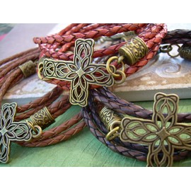 Handmade Antique Bronze Triple Wrap Filigreed Cross Leather Bracelet with Heart Clasp