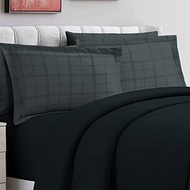 100% Cotton Anthracite Grey Big Checks Oxford Pillow Cases 2 Pack, 300 Thread Count Long Staple Combed Cotton Checked Bedding, Sateen Standard Pillow Cover 50 x 75cm (Damask Bedding Set) - Pizuna