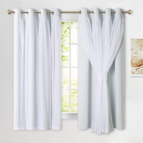 PONY DANCE Curtains Set Double Layers - Sheer Blackout Layered Draperies with Tie-Backs for Bedroom Windows, 52 x 63 inches, Greyish White, 2 Pieces