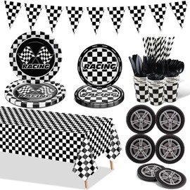 Racing Car Birthday Party Decorations, Racing Car Party Supplies Include Plates, Racing Car Tablecloth, Tire Napkins, Cups, Cutlery, Flag for Kids Birthday Race Theme Party, Serves 20 Guests