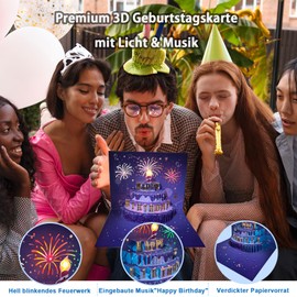 Geburtstagskarte mit Musik & Licht & bespielbar & Kerzen ausblasen Happy Birthday Grußkarte 3D Pop Up Grußkarten Geburtstagsgeschenke für Frauen/Männer/Eheman/Kinder Grußkarten mit Umschlägen (Blau)