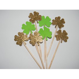 Set of 24 mIxed Gold glitter and green Lucky Four Leaf Clover Shamrock cupcake toppers St. Patrick's Day party decor