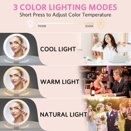 WEILY Magnifying Mirror with Light, 10X/1X Magnification Double-Sided Travel Makeup Mirror, with 3 Color Lights, Touch Control, Rechargeable Portable Mirrors for Bedroom, Bathroom (Pink)