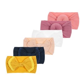 Nishin 6pcs Baby Girls Elastic Nylon Headbands Newborn Knotted Ball Turban Headwrap Hair Bows for Infant Toddler (White)