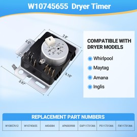 W10745655 Dryer Timer Replacement for Whirlpool, Maytag, Amana, Admiral and More Dryer - Replaces W10857612, W10857612VP, 4454384, AP6003908
