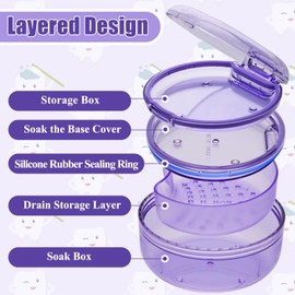 Coolrunner 2-in-1 Retainer Case Denture Case Retainer Cleaning Case, Denture Cup with Strainer, Leak Proof Denture Cup Soaking Holder for Dentures, Mouth Guard, Night Guard & Retainers (Purple)