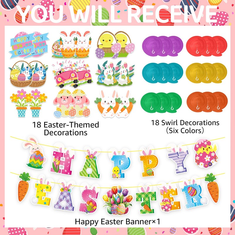 52 Pcs Easter Banner, Happy Easter Garland with Hanging Swirls,