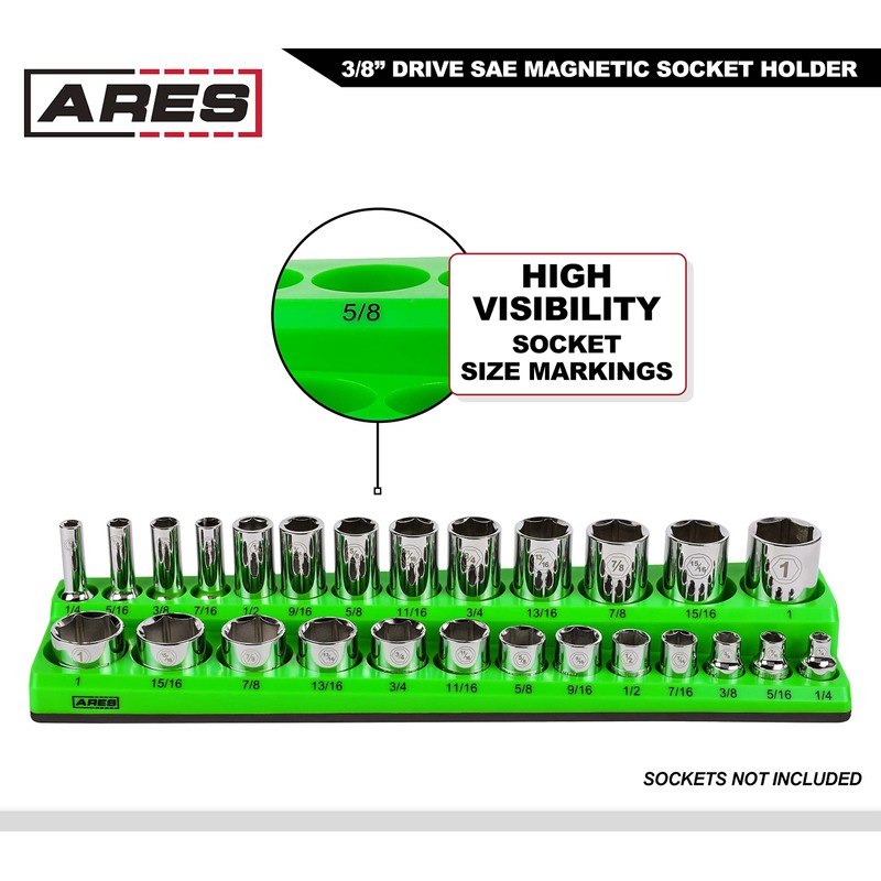 ARES 60007-26-Piece 3/8 in SAE Magnetic Socket Organizer -GREEN -Holds